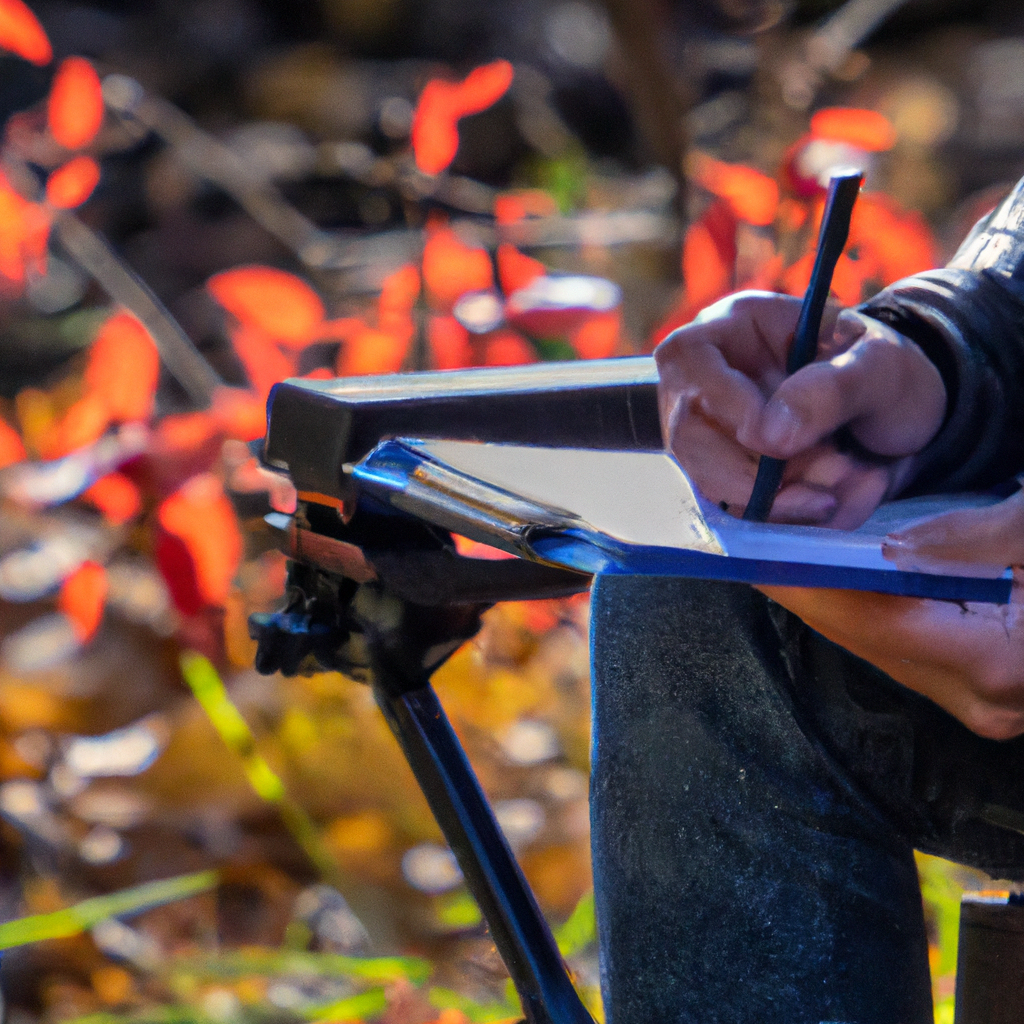 Journalist taking notes during a field interview in Canada with autumn maple leaves